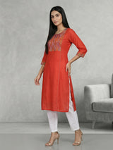 Orange cotton silk aabla thread yoke style kurti
