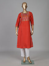 Orange cotton silk aabla thread yoke style kurti