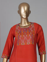 Orange cotton silk aabla thread yoke style kurti
