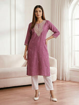 Onion pink cotton silk embroidered casual kurti style
