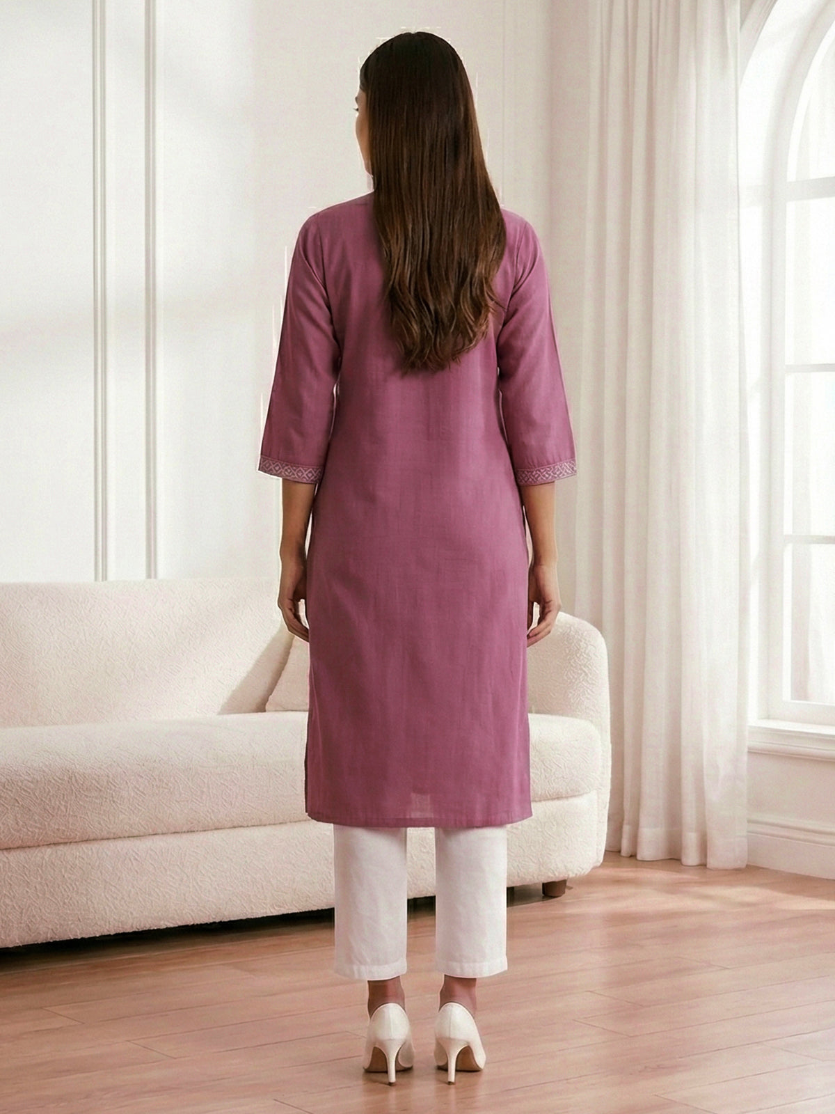 Onion pink cotton silk embroidered casual kurti style