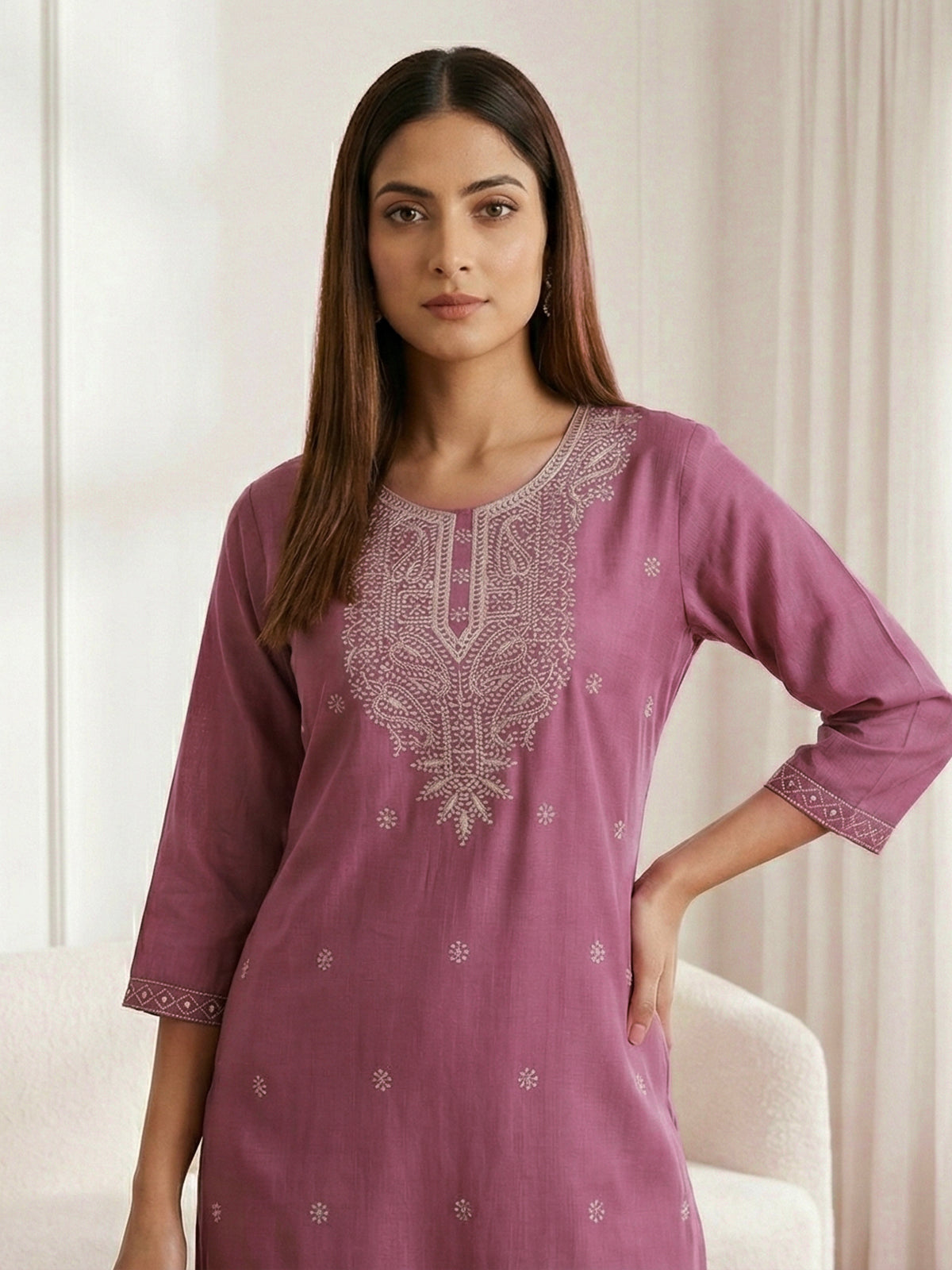 Onion pink cotton silk embroidered casual kurti style
