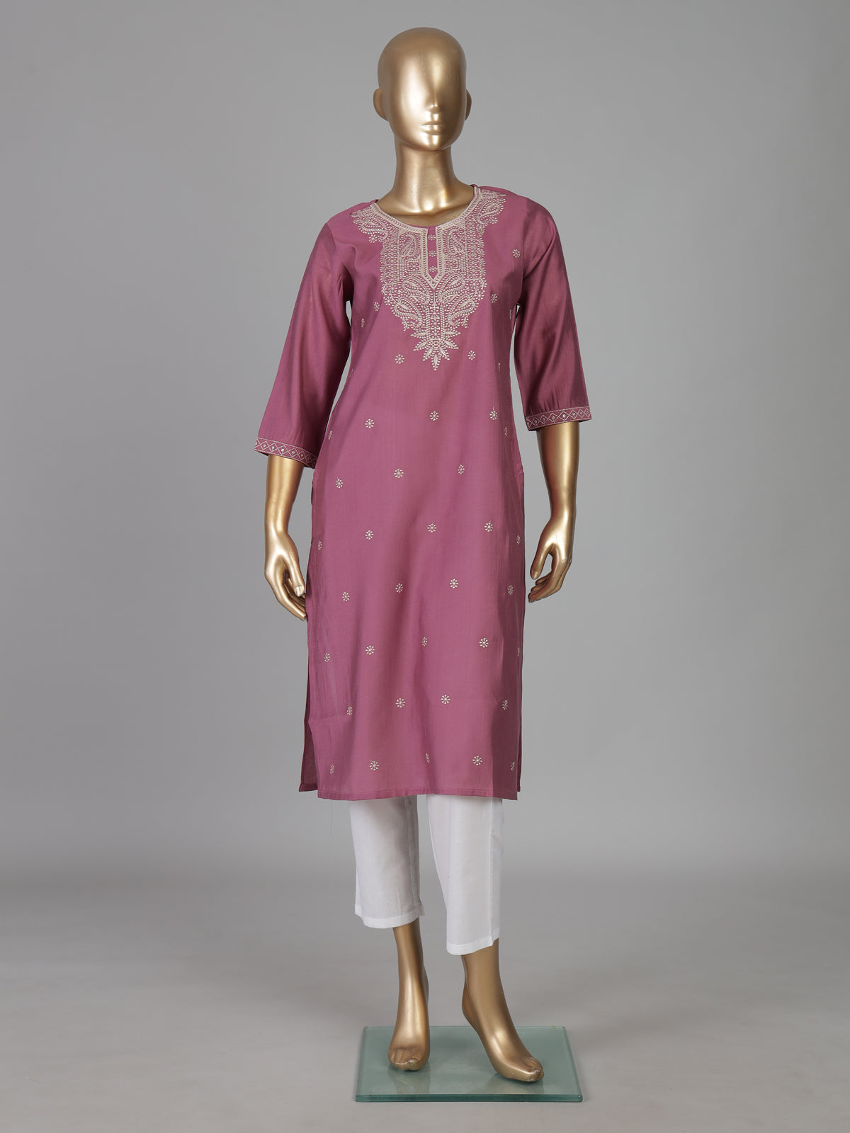 Onion pink cotton silk embroidered casual kurti style
