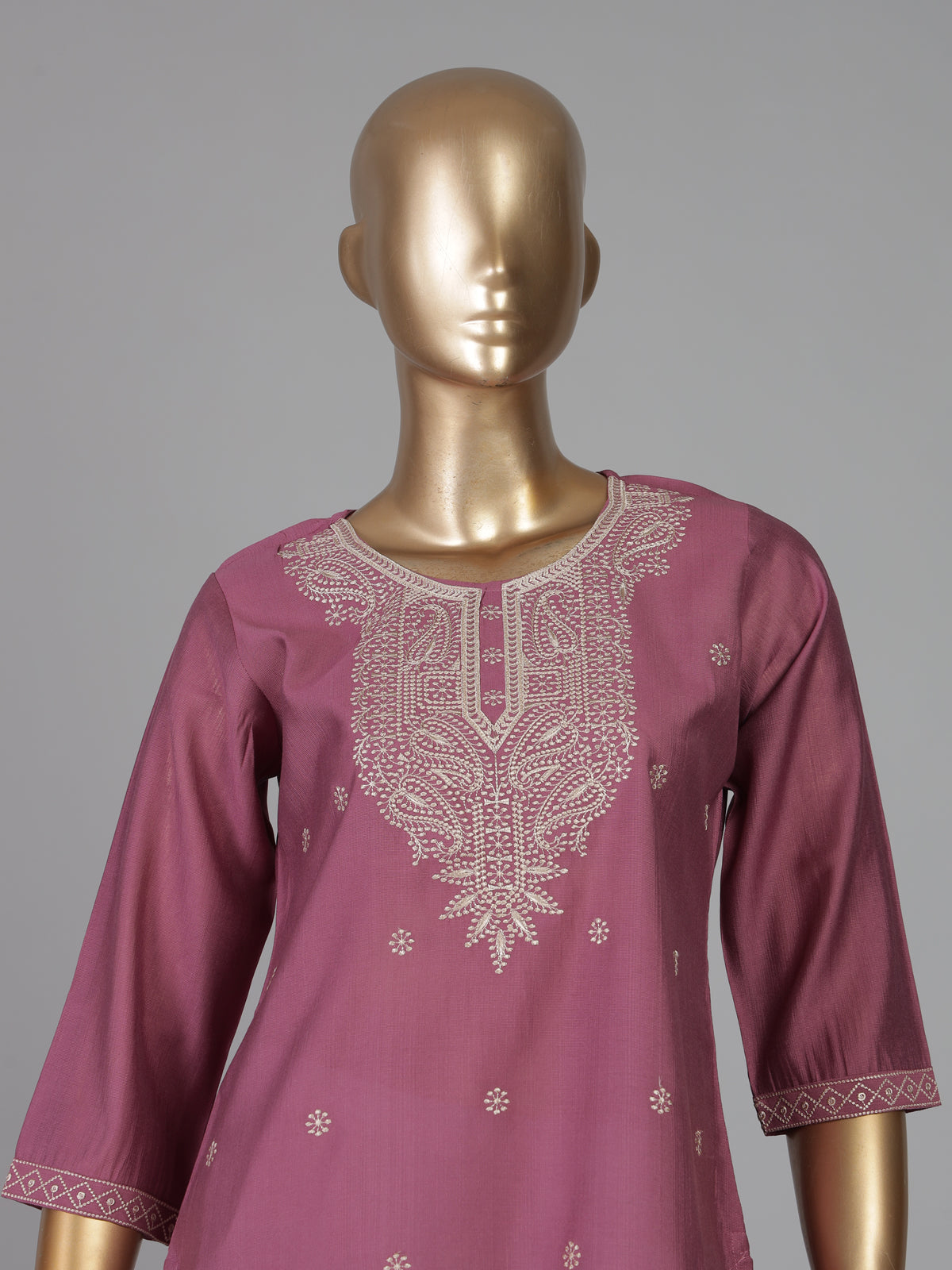 Onion pink cotton silk embroidered casual kurti style