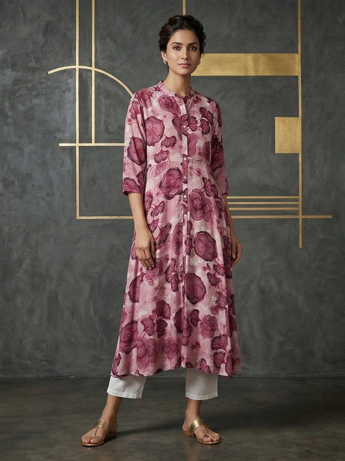Mauve purple floral printed cotton silk a line kurti