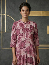 Mauve purple floral printed cotton silk a line kurti