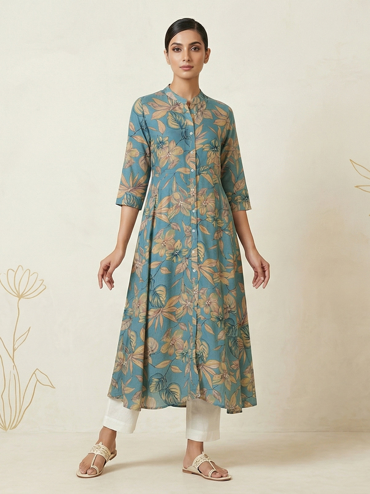 Royal blue floral printed cotton silk a line kurti