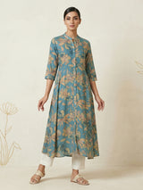 Royal blue floral printed cotton silk a line kurti