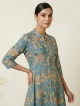Royal blue floral printed cotton silk a line kurti