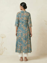 Royal blue floral printed cotton silk a line kurti