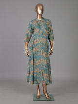 Royal blue floral printed cotton silk a line kurti