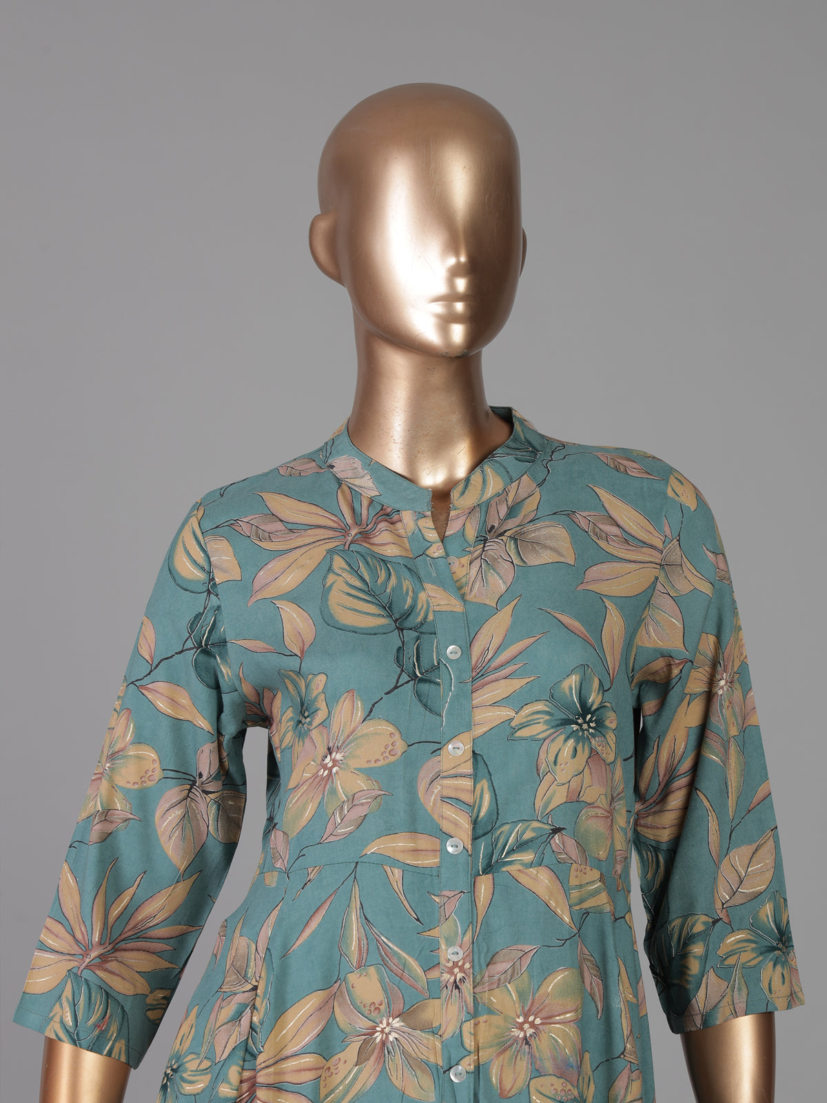Royal blue floral printed cotton silk a line kurti