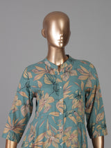 Royal blue floral printed cotton silk a line kurti