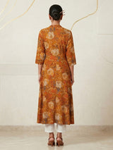 Mustard yellow floral printed cotton silk kurti for women