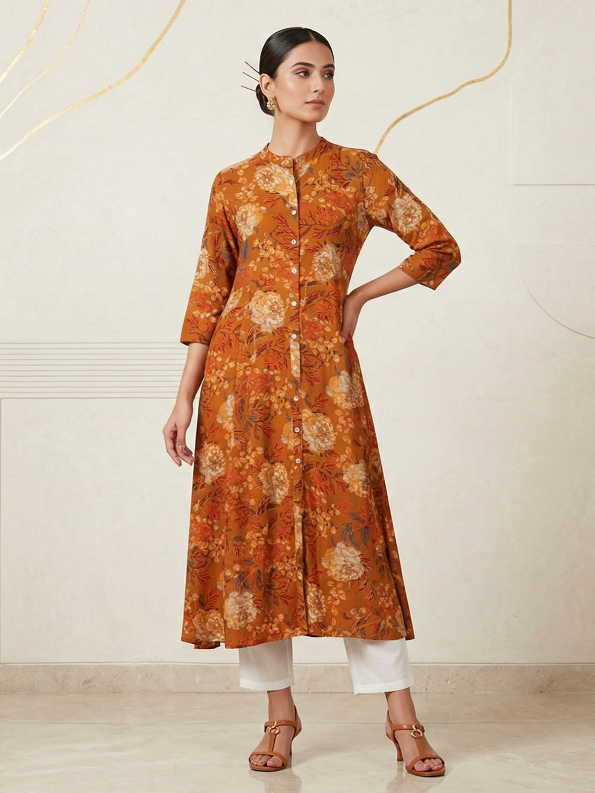 Mustard yellow floral printed cotton silk kurti for women