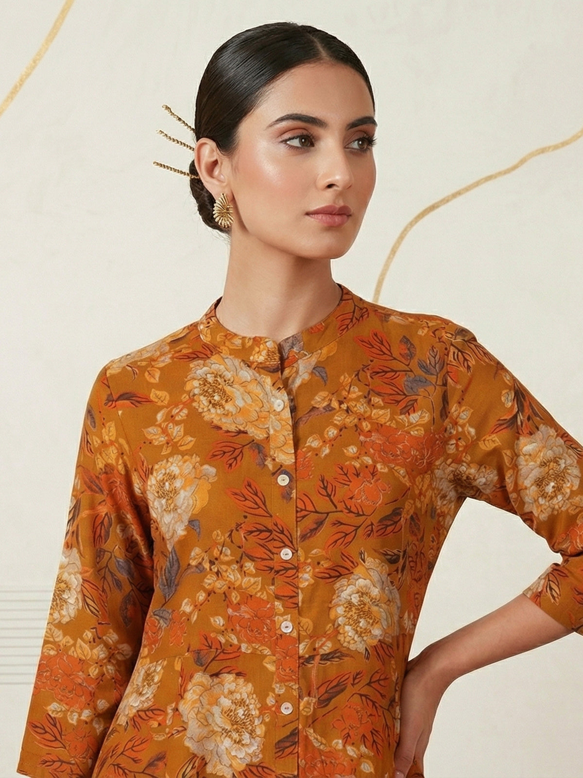 Mustard yellow floral printed cotton silk kurti for women