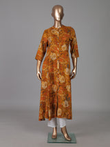 Mustard yellow floral printed cotton silk kurti for women