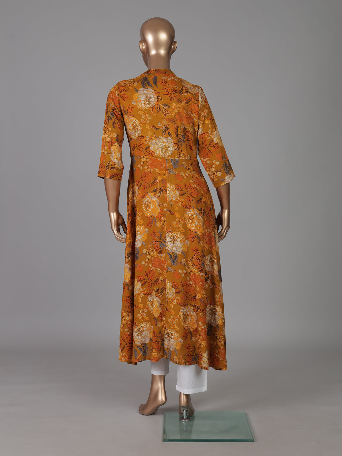 Mustard yellow floral printed cotton silk kurti for women