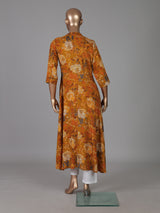Mustard yellow floral printed cotton silk kurti for women