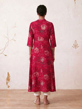 Magenta floral printed cotton silk a line kurti