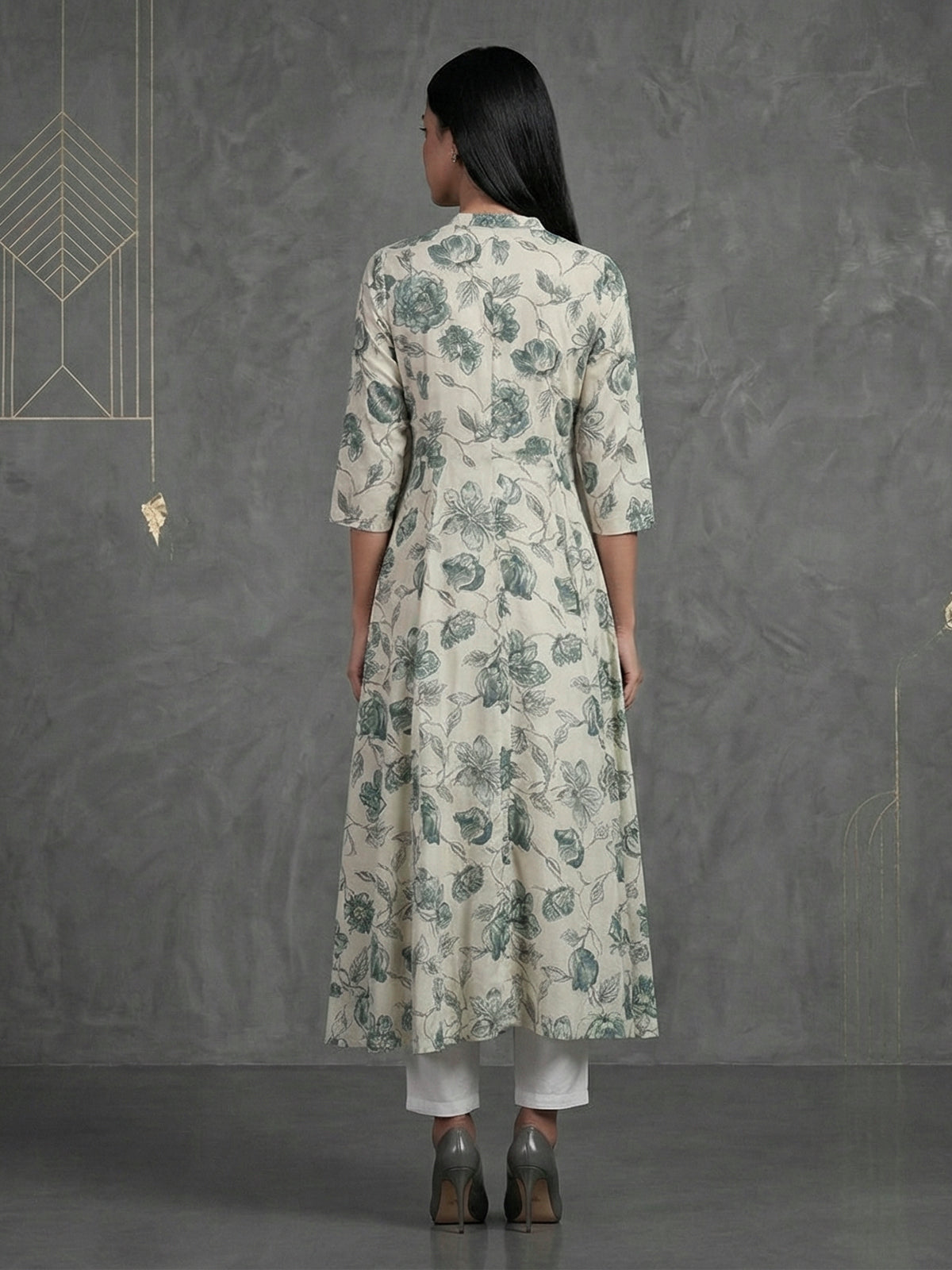 Off-white floral printed cotton silk a line kurti