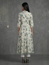 Off-white floral printed cotton silk a line kurti