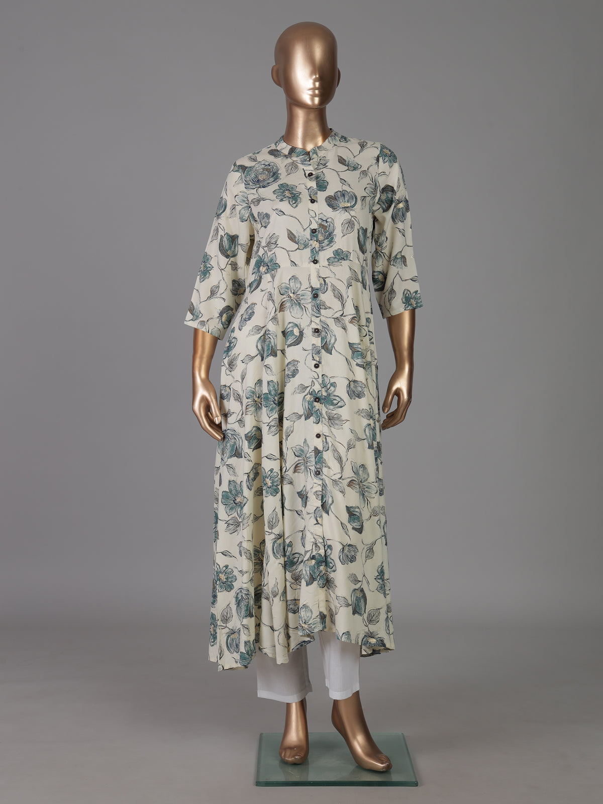 Off-white floral printed cotton silk a line kurti