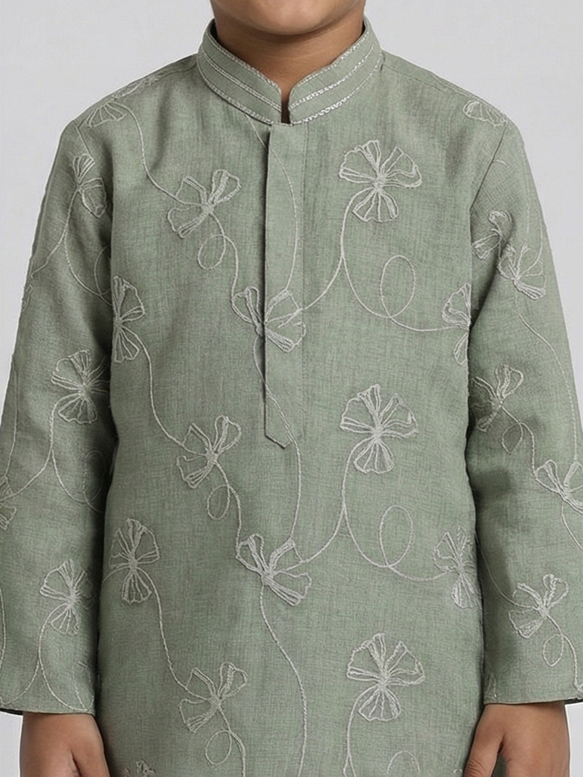Sage green cotton linen floral thread festive kurta suit
