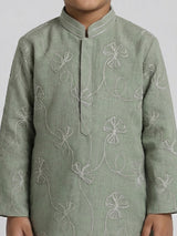 Sage green cotton linen floral thread festive kurta suit