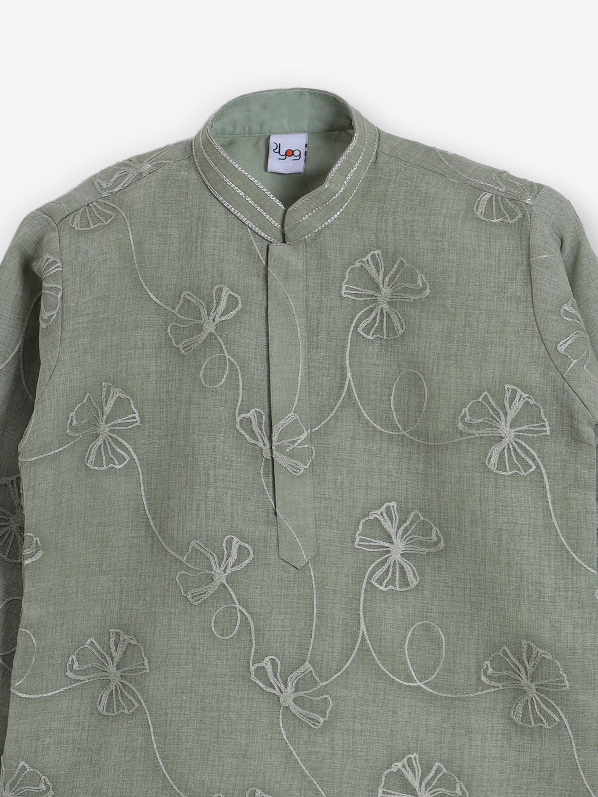 Sage green cotton linen floral thread festive kurta suit