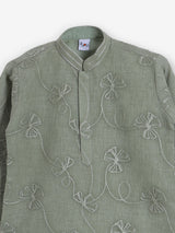 Sage green cotton linen floral thread festive kurta suit
