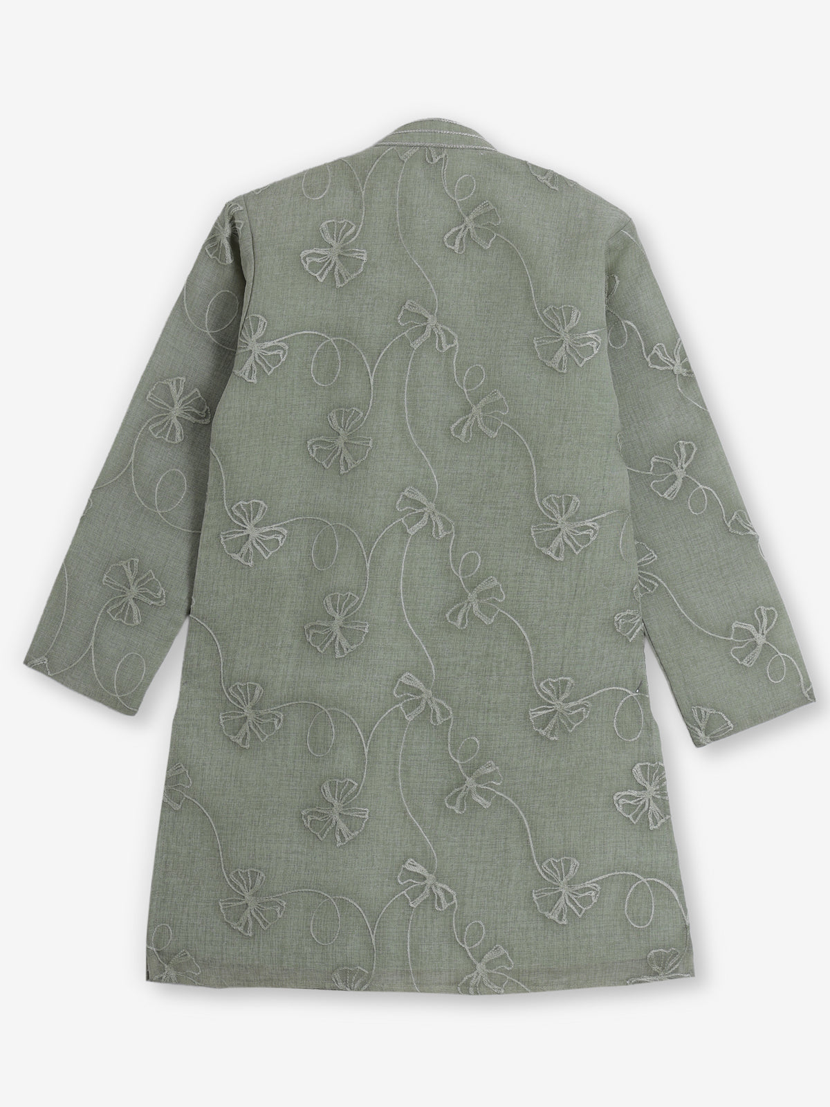 Sage green cotton linen floral thread festive kurta suit