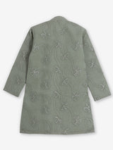 Sage green cotton linen floral thread festive kurta suit