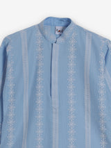 Sky blue silk embroidered mandarin collar festive kurta suit