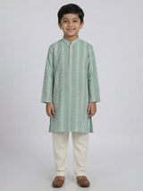 Pista green silk embroidered mandarin collar festive kurta suit