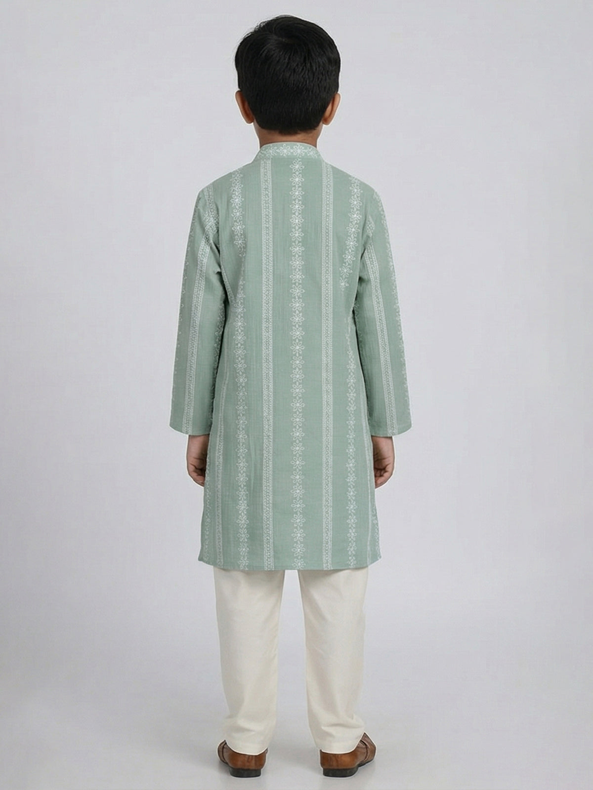Pista green silk embroidered mandarin collar festive kurta suit