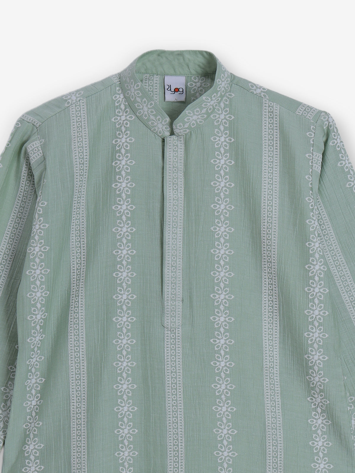 Pista green silk embroidered mandarin collar festive kurta suit