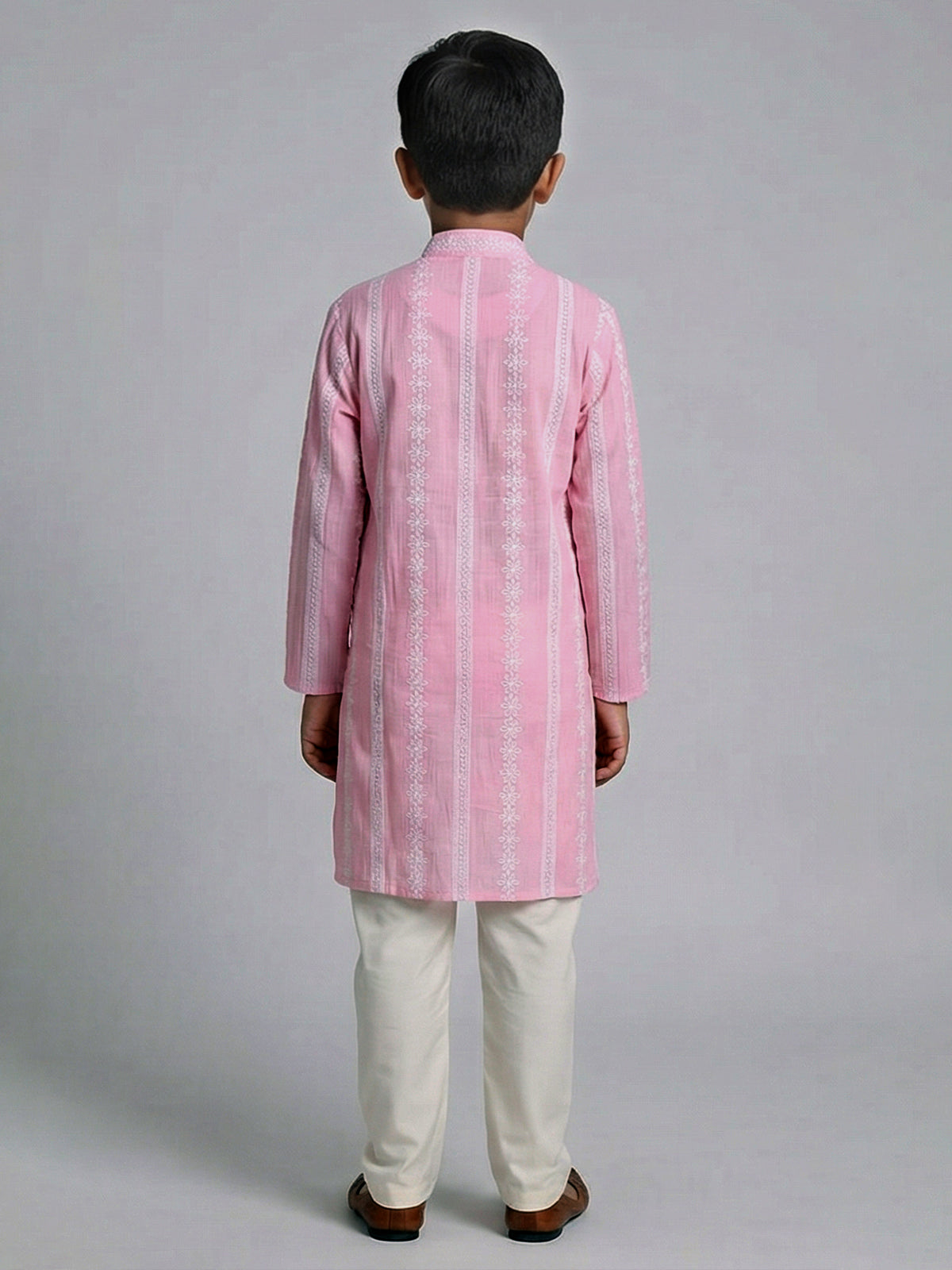 Pink silk embroidered mandarin collar festive kurta suit