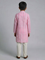 Pink silk embroidered mandarin collar festive kurta suit