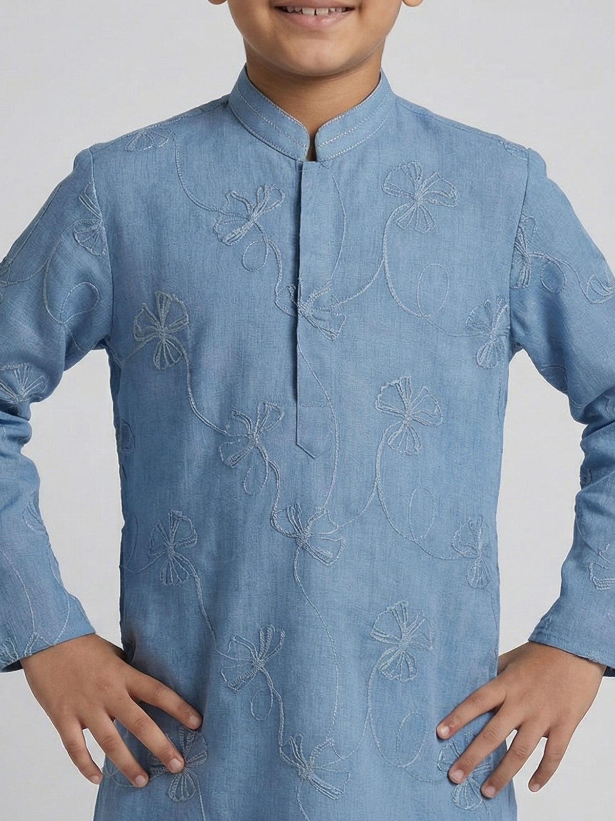 Sky blue cotton linen floral thread festive kurta suit