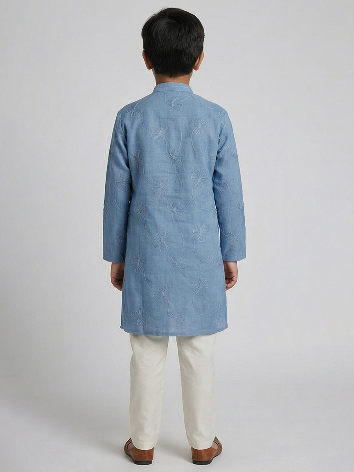 Sky blue cotton linen floral thread festive kurta suit