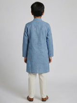 Sky blue cotton linen floral thread festive kurta suit