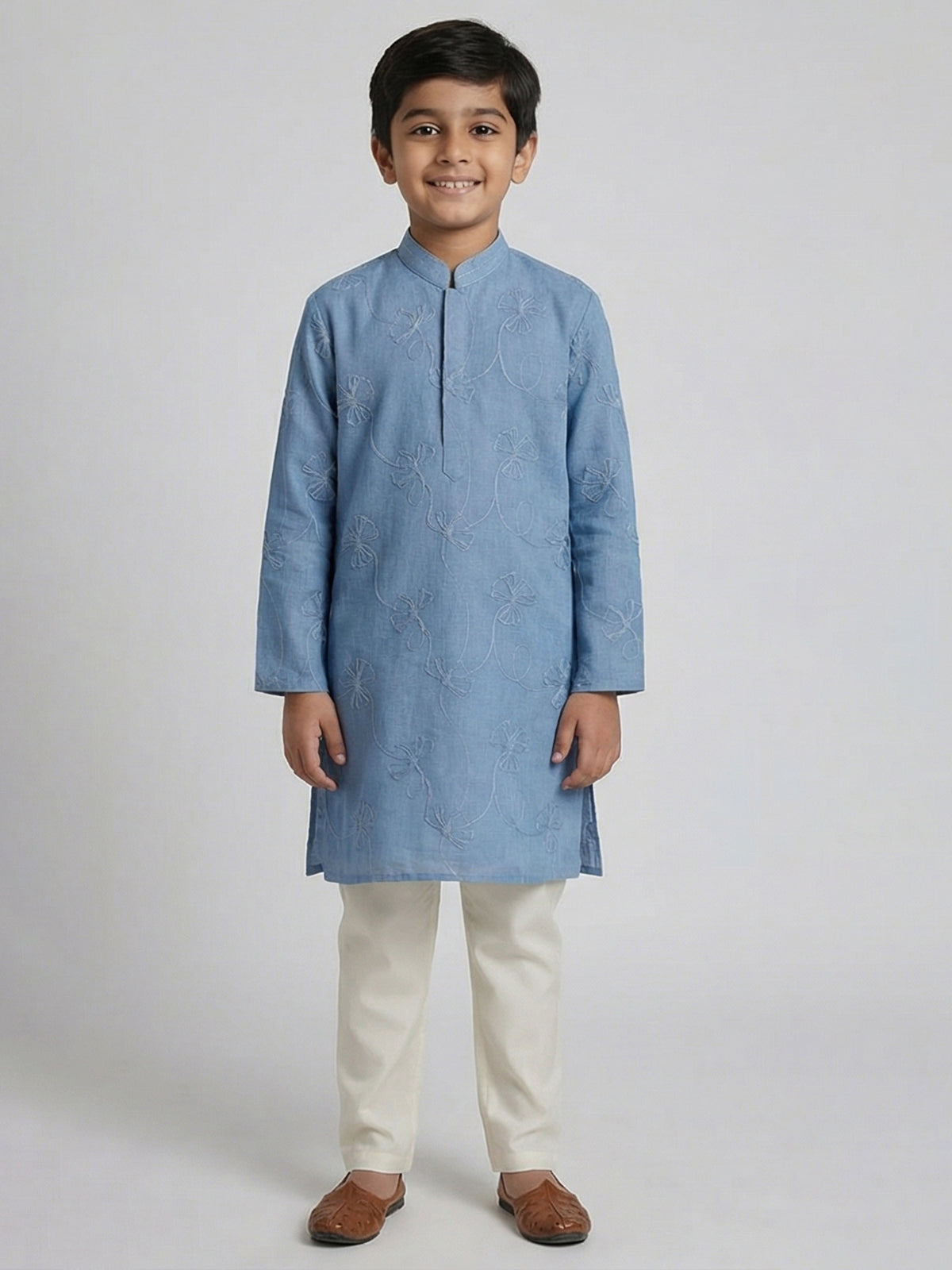 Sky blue cotton linen floral thread festive kurta suit