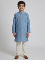 Sky blue cotton linen floral thread festive kurta suit