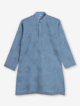 Sky blue cotton linen floral thread festive kurta suit