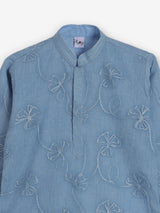 Sky blue cotton linen floral thread festive kurta suit