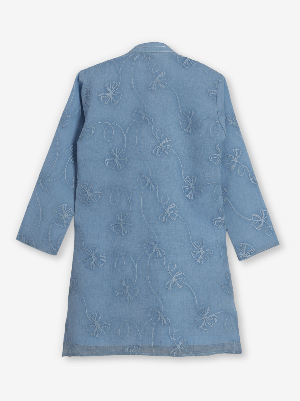 Sky blue cotton linen floral thread festive kurta suit
