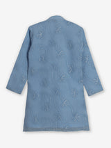 Sky blue cotton linen floral thread festive kurta suit