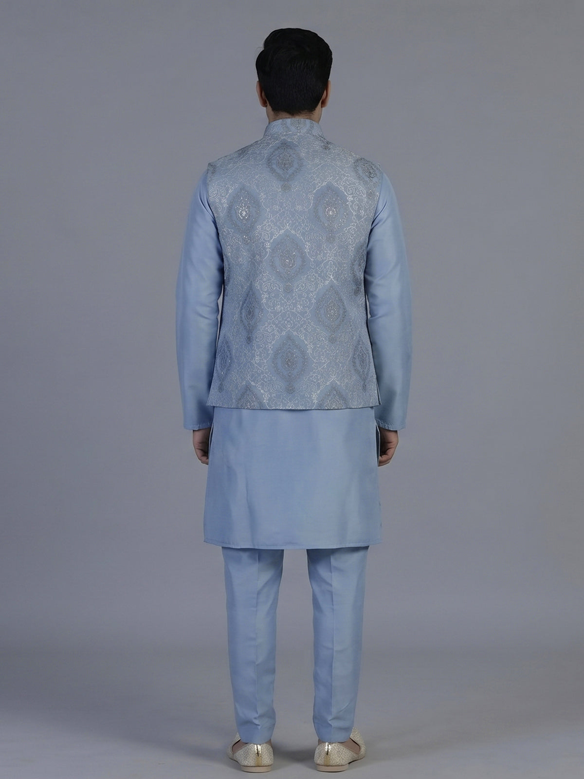 Stone blue embroidered nehru jacket style waistcoat set