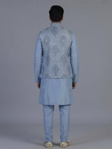 Stone blue embroidered nehru jacket style waistcoat set